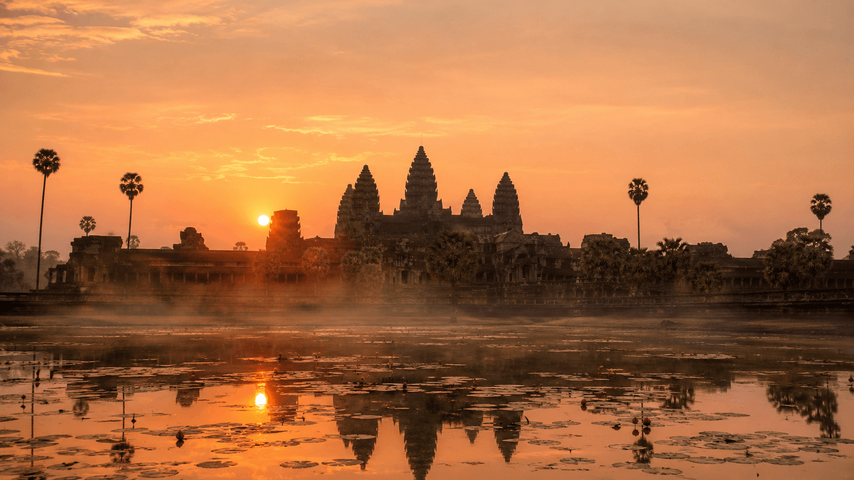Angkor Wat at sunrise — the silhouette of Cambodia