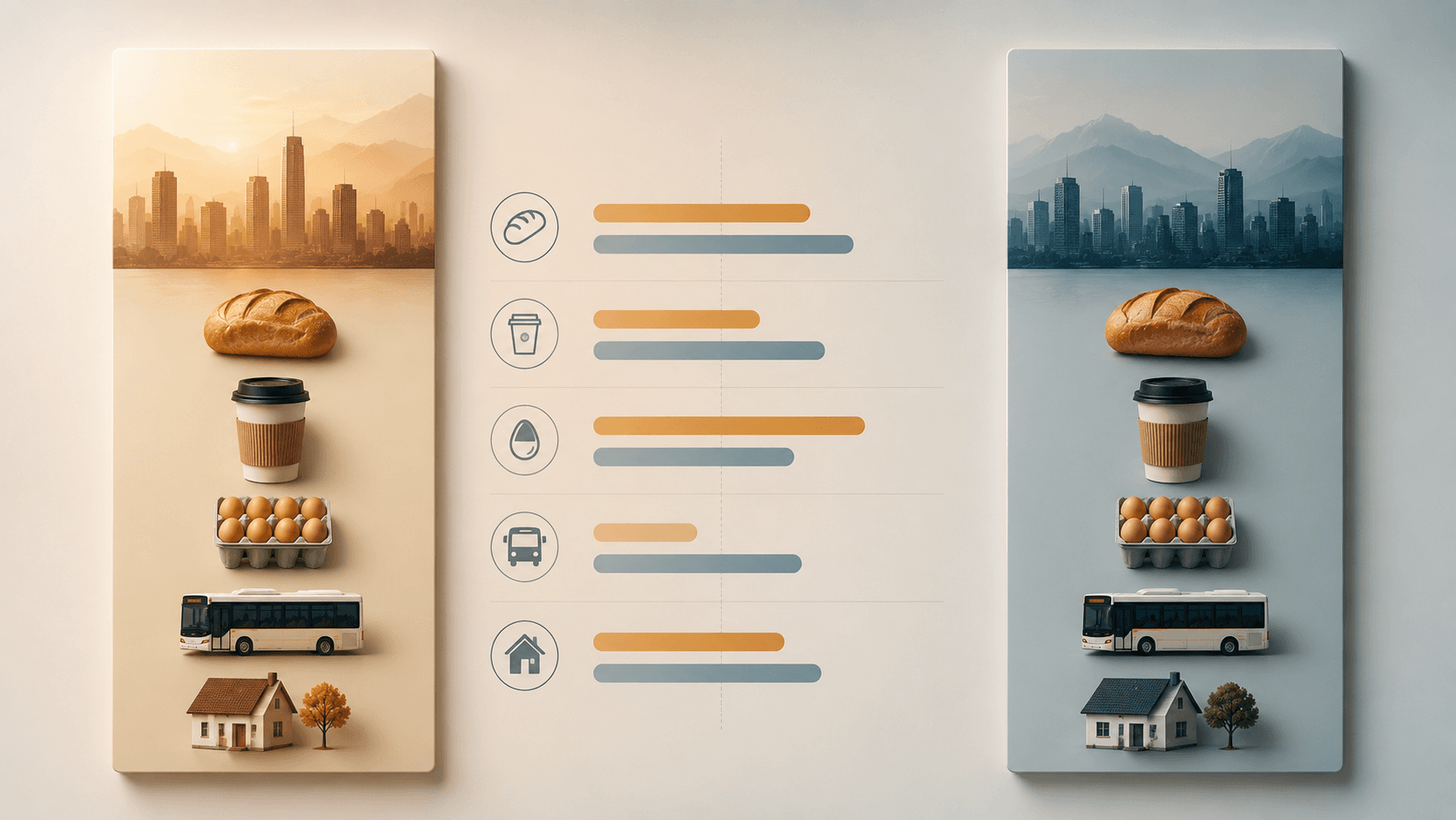 Two countries' cost indicators laid side by side on a comparison chart