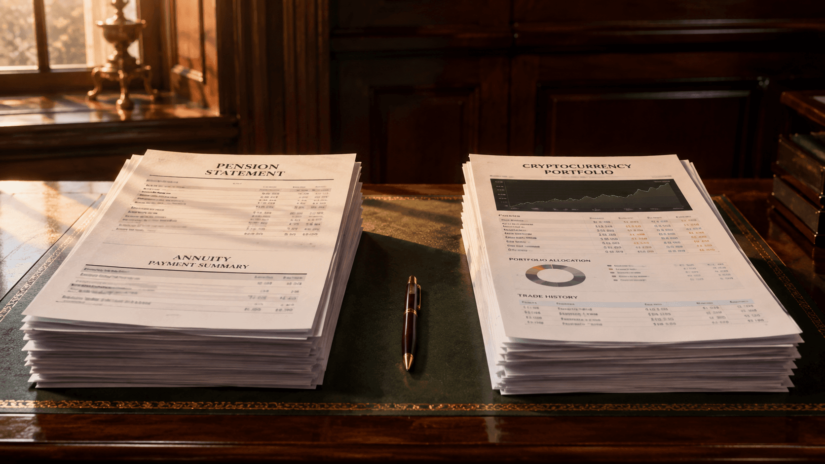 A conceptual photograph showing two stacks of financial documents on a polished mahogany desk under warm institutional lighting — pension and annuity statements on the left, cryptocurrency portfolio and trading statements on the right, with an antique pen resting between them. The image represents the bureaucratic distinction retirement-visa programs draw between 