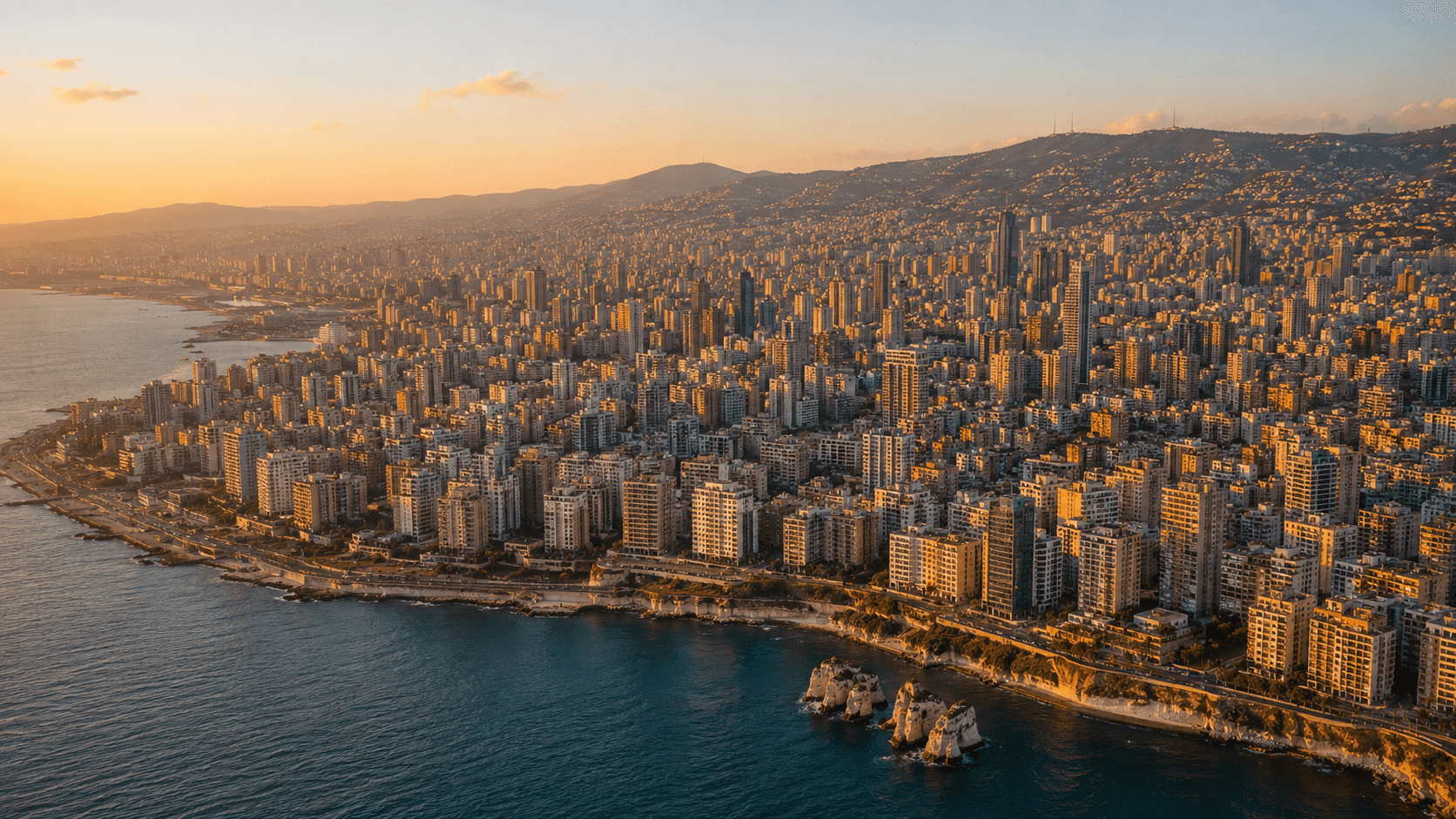 Beirut's dense coastline against the mountains at golden hour, with the Raouché sea rocks