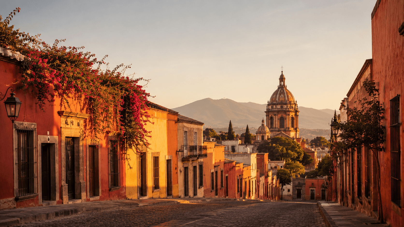 A sunlit colonial Mexican town street at golden hour: warm ochre and terracotta facades, a domed church, bougainvillea spilling over a balcony, cobblestones underfoot. No people, no readable signage. The image evokes the highland-colonial towns (San Miguel de Allende, Oaxaca, Mérida) that draw North American retirees and remote workers to Mexico's Temporary Resident visa.