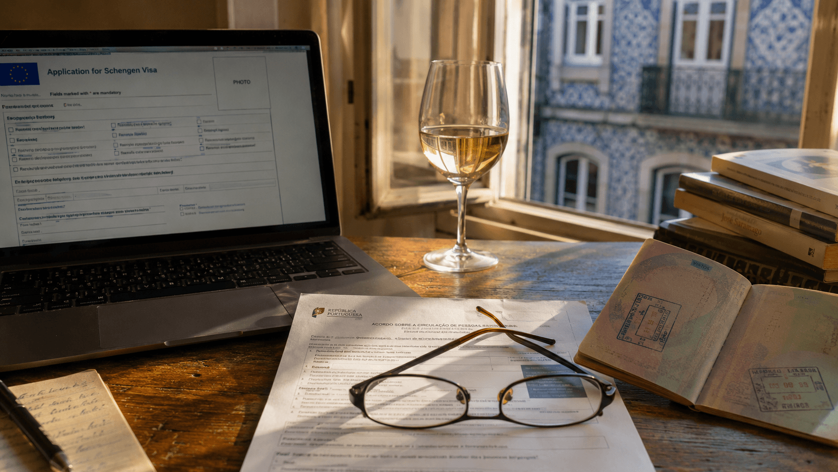A laptop showing a Schengen visa application form on a wooden desk in a Portuguese apartment, with a glass of white wine, a printed application form, reading glasses, and an open passport. Through the window, a building façade clad in blue-and-white azulejo tiles is visible in warm late-afternoon light.