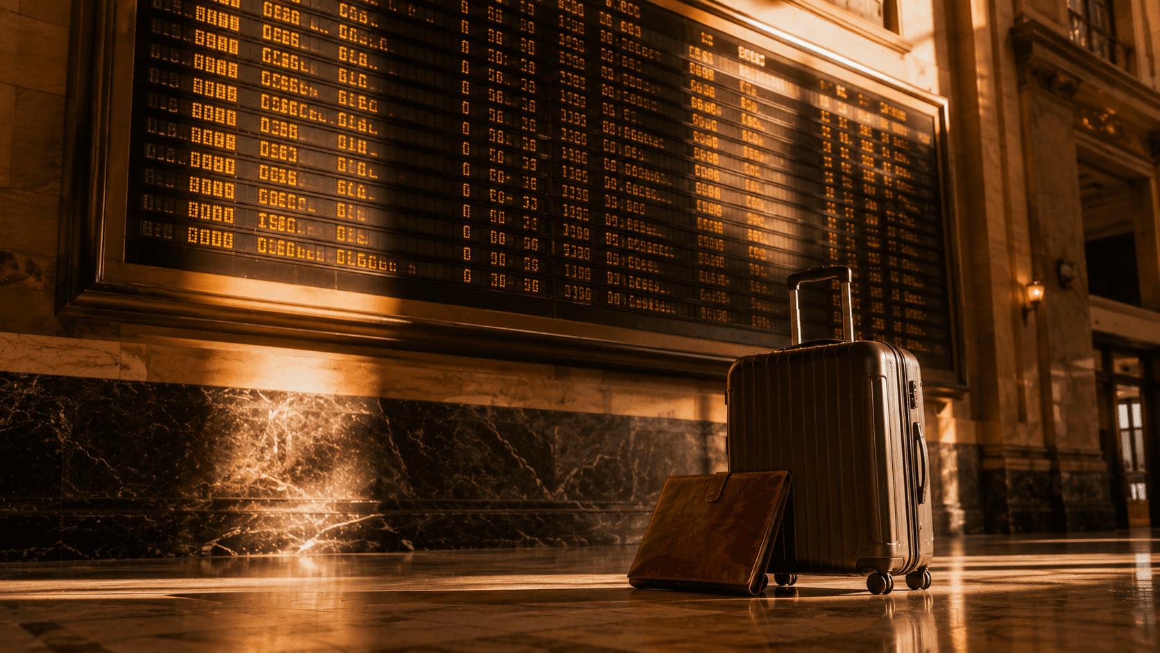A vintage airport-style departure board viewed at an oblique angle under warm amber industrial lighting, partially in shadow — suggesting decision-making under uncertainty. A rolling suitcase and worn-leather document folder rest on the polished marble floor below. The image represents the question retirement-visa applicants rarely think about until they realize their travel logistics depend on it: where do you have to be when you file the application?