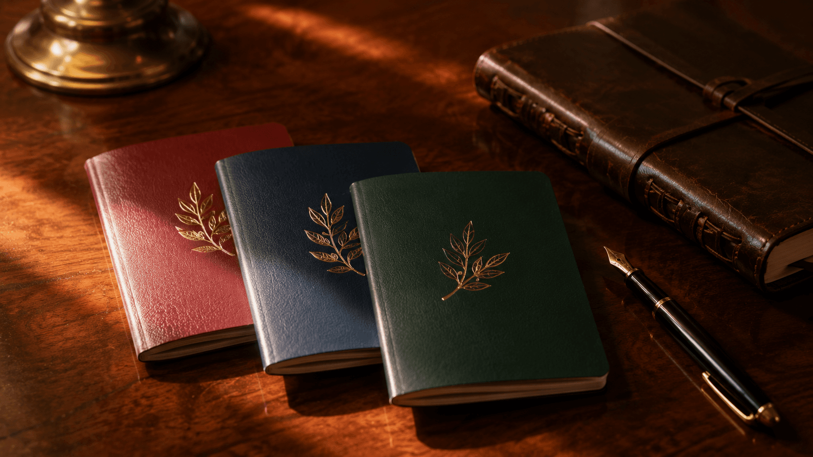 Three passports of slightly different cover designs — deep red, dark blue, dark green — lying open on a polished wooden table under warm directional light, with a vintage fountain pen and closed leather notebook alongside. The image represents the citizenship endpoint that retirement-visa applicants rarely think about at year one.