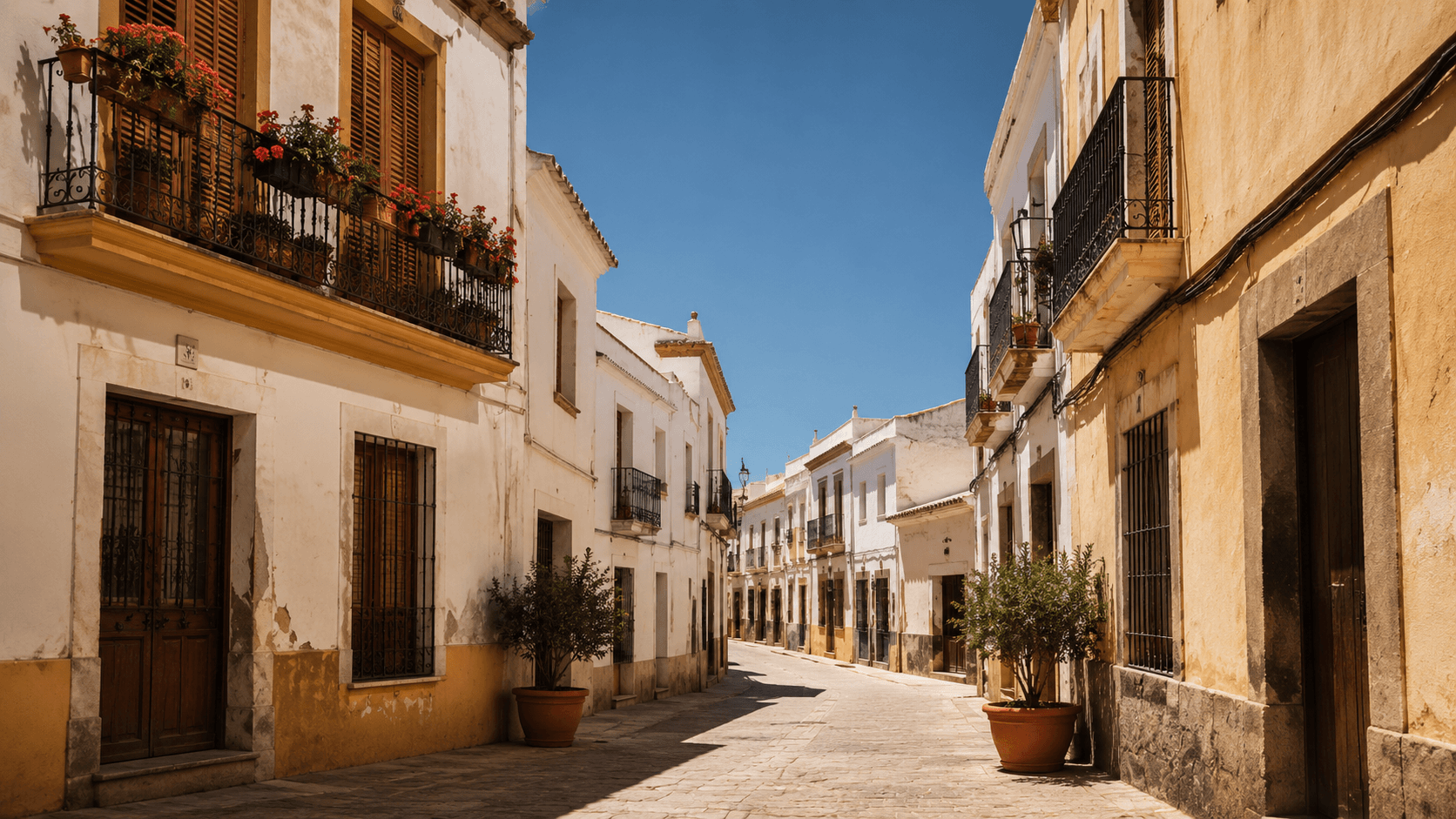 A quiet, sunlit residential street in a small Spanish town at midday: whitewashed or warm-ochre walls, wrought-iron balconies with potted geraniums, a narrow strip of deep-blue sky above, long shadows on worn stone. No people, no readable signage. The image represents the actual life the Non-Lucrative Visa is designed for — living unhurriedly in Spain on income you already have, rather than working from it.