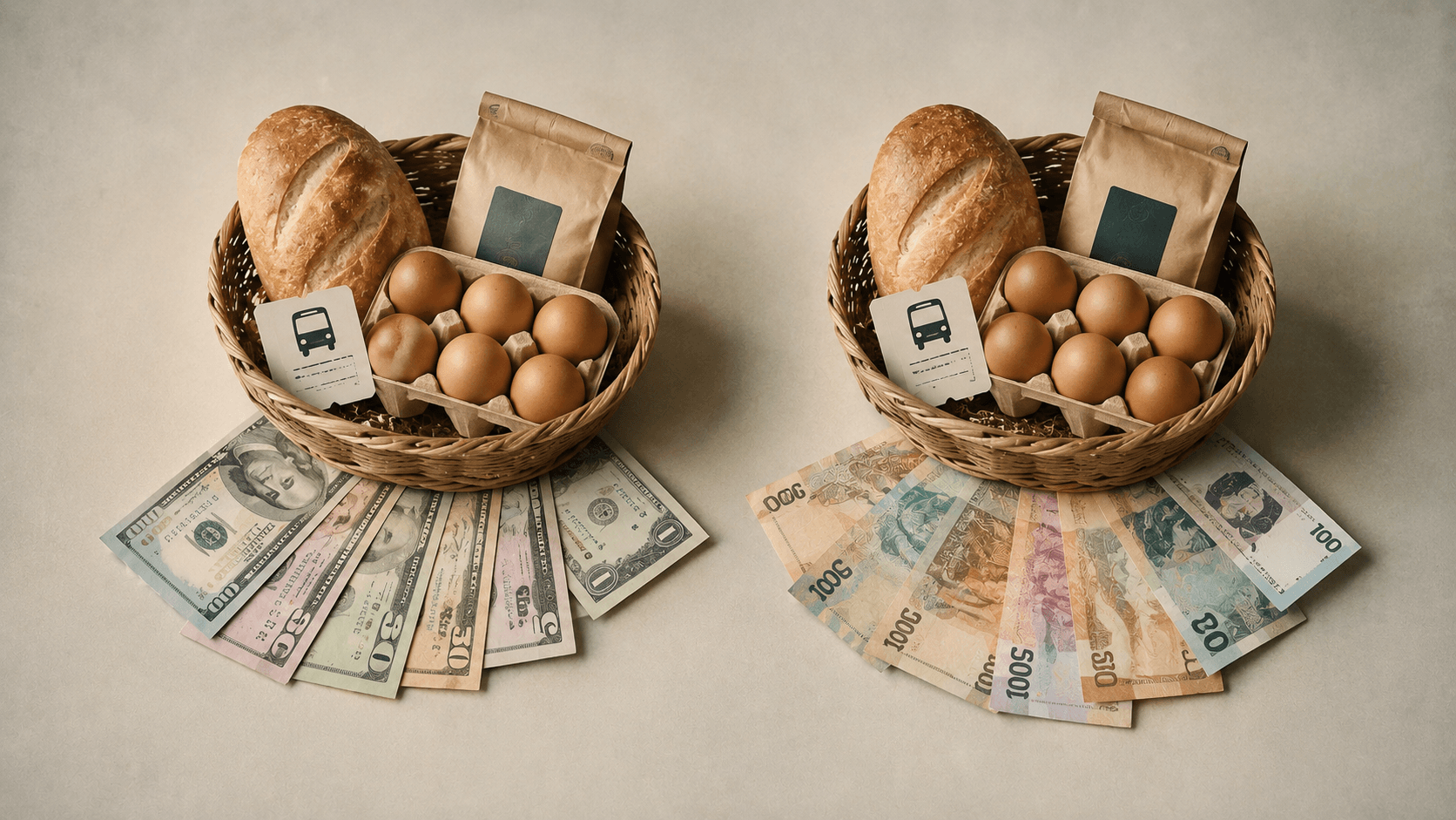 Two identical baskets of everyday goods priced in different currencies — the idea behind purchasing power parity