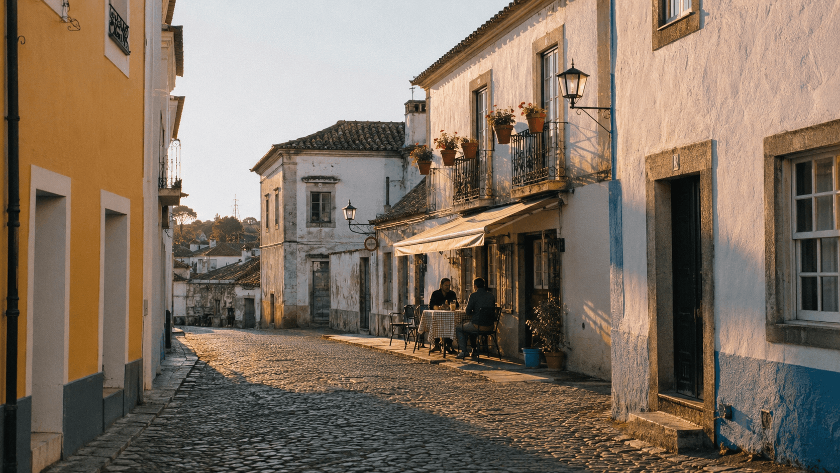 A quiet cobblestone street in a small Portuguese interior town at golden hour. Pastel-painted historic buildings line the narrow street; a small family-run café with two seated customers is visible in the middle distance, with potted geraniums on a wrought-iron balcony above.