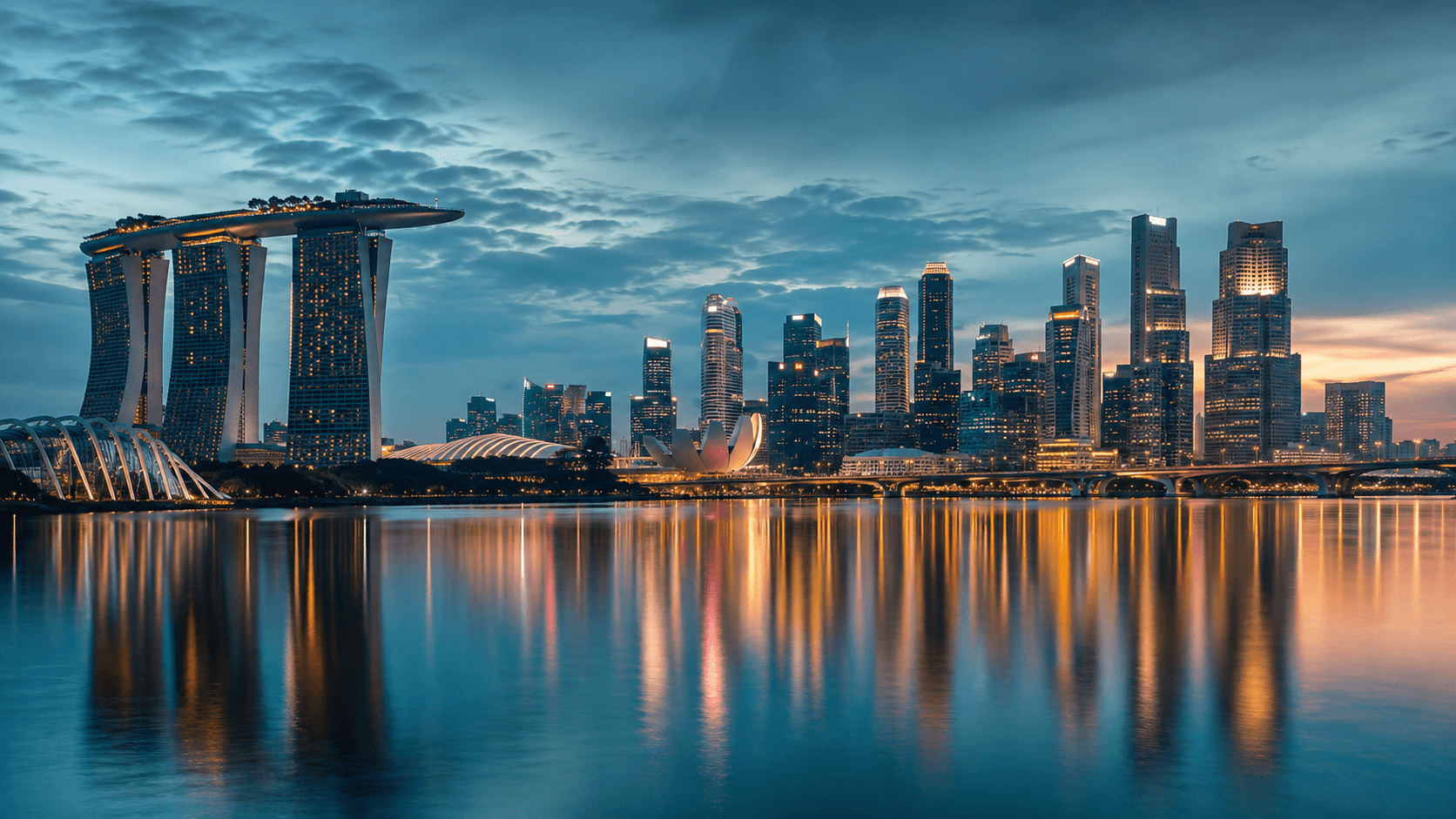 Singapore's Marina Bay skyline at dusk, the financial district where Tech.Pass and ONE Pass holders work